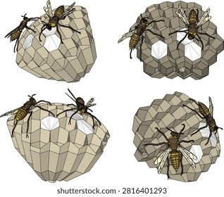 Technical 3D rendering of a hornets nest with wild wasp characters on honeycomb structure, displayed in multiple isometric views for game development assets