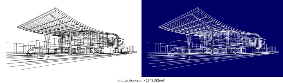 A technical 3D wireframe model of a contemporary building featuring a large overhanging roof and support pillars shown in both sketch and blueprint formats