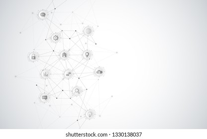 Technical abstract background with connecting dots and lines. Digital technology and communication concept with flat icons