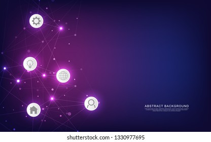 Technical abstract background with connecting dots and lines. Digital technology and communication concept with flat icons