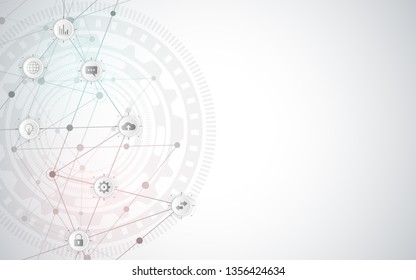 Technical abstract background with connecting dots and lines. Digital technology and communication concept with flat icons