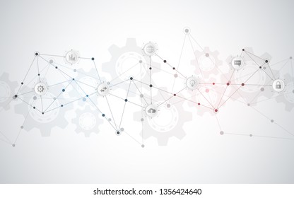 Technical abstract background with connecting dots and lines. Digital technology and communication concept with flat icons