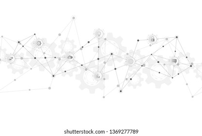 Technical abstract background with connecting dots and lines. Digital technology and communication concept with flat icons