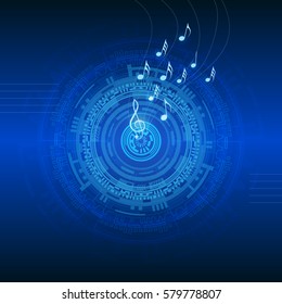 Technical abstract vector illustration with music notes. Colorful image with futuristic theme.