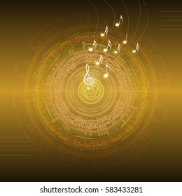 Technical abstract vector illustration with music notes. Colorful image with futuristic theme.