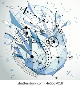 Technical abstraction created in low poly style. Engineering draft for use in graphic and web design. 3d vector drawing of industrial system made with mechanical parts, circles and lines mesh.