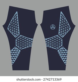 Technical activewear leggings design featuring geometric triangle clusters in light blue over a dark base. A modern, high‑performance look with structured panel placement, ideal for sportswear, compression gear, and athletic apparel.