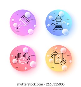 Technical algorithm, Builders union and Lighthouse minimal line icons. 3d spheres or balls buttons. Brush icons. For web, application, printing. Project doc, Engineer helmet, Beacon tower. Vector