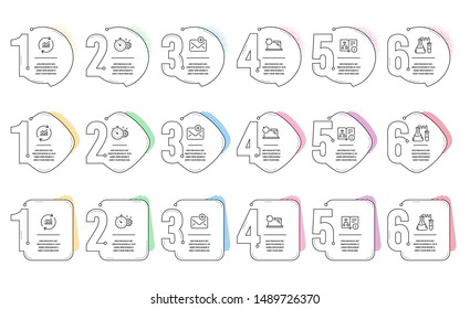 Technical algorithm, Chemistry lab and New mail line icons set. Infographic timeline. Update data, Cogwheel timer and Recovery laptop signs. Project doc, Medical laboratory, Add e-mail. Vector