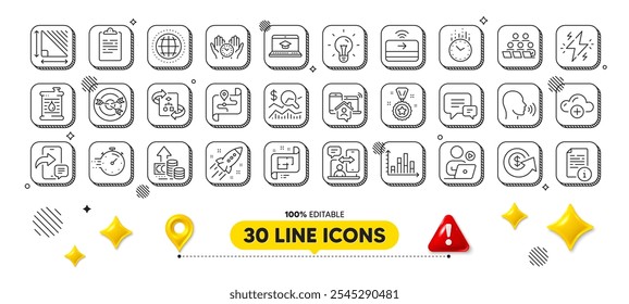 Algoritmo técnico, computación en la nube y paquete de iconos de línea de cohete de inicio. Elementos de diseño 3D. Recompensa del ganador, Comentario, Icono de Web de trabajo en casa. Inflación, gráfico de diagrama, pictograma de sincronización del teléfono. Vector