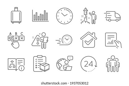 Technical algorithm, Group and 24 hours icons set. Time, Bar diagram and Parcel checklist signs. Vector