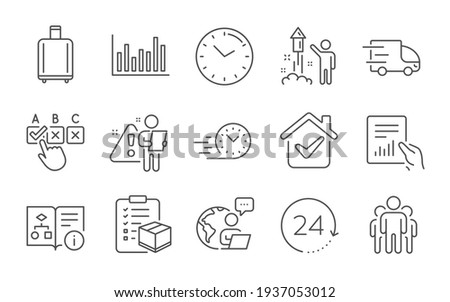 Technical algorithm, Group and 24 hours icons set. Time, Bar diagram and Parcel checklist signs. Vector