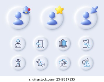 Algoritmo técnico, iconos de línea de faro y Enterprise. Marcador de posición con cursor 3d, campana, estrella. Paquete de advertencia, ingeniero, icono del cartucho de gasolina. Entrada, pictograma de gas de Co2. Vector