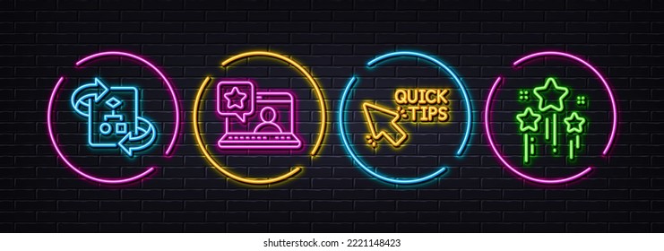 Technical algorithm, Online rating and Quick tips minimal line icons. Neon laser 3d lights. Stars icons. For web, application, printing. Project doc, Favorite message, Helpful tricks. Vector