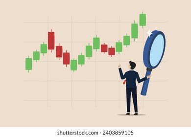 Technical analysis to analyze stock market or cryptocurrency data movement, trend analysis, buy and sell indicator chart concept, businessman trader analyze candlestick chart.