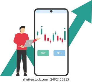 Gráfico de candelabro de análisis técnico. Índices bursátiles globales, bolsas de comercio. Las personas que comercian acciones compran y venden acciones con un App móvil. Estrategia de trading de Forex. Invertir en acciones