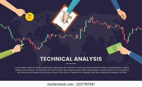 concepto de análisis técnico con candlestick y vista manual de personas desde arriba con estilo moderno plano