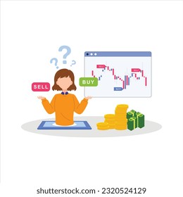 Análisis Técnico Del Comercio Cambiario. Ilustración gráfica sobre el tema de los mercados bursátiles o la Bolsa de Valores, gráfico gráfico del mercado de valores en pantalla de computadora, tablet y teléfono.