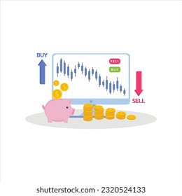 Technical Analysis Of Exchange Trade. Graphic illustration on the subject of Stock Markets or Stock Exchange, Stocks market graph chart on computer screen, tablet and phone.