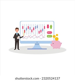 Technical Analysis Of Exchange Trade. Graphic illustration on the subject of Stock Markets or Stock Exchange, Stocks market graph chart on computer screen, tablet and phone.