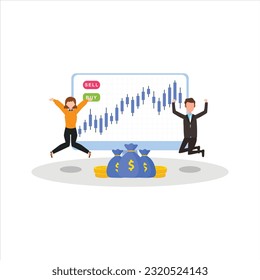 Análisis Técnico Del Comercio Cambiario. Ilustración gráfica sobre el tema de los mercados bursátiles o la Bolsa de Valores, gráfico gráfico del mercado de valores en pantalla de computadora, tablet y teléfono.