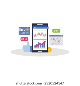 Technical Analysis Of Exchange Trade. Graphic illustration on the subject of Stock Markets or Stock Exchange, Stocks market graph chart on computer screen, tablet and phone.