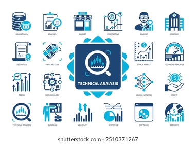 Technical Analysis icon set. Market Data, Company, Price Pattern, Neural Network, Stock Market, Trend, Methodology, Profit. Duotone color solid icons