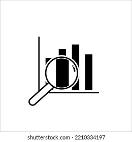 Icono de símbolo de análisis técnico. icono del gráfico de barras y de cristal de aumento. aislamiento de objetos en fondo blanco. búsqueda, tendencias, marketing, negocios. 