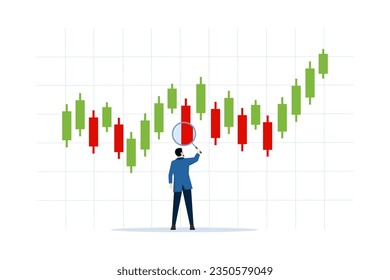 technical analysis trader concept to analyze stock or crypto currency market data movement, trend analysis to take profit, buy and sell indicator chart, trader magnify candlestick chart.