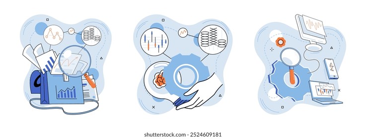 Technische Analyse. Vektorgrafik. Die Analyse der Wirtschaftsindikatoren gibt Einblicke in die allgemeine Gesundheitswirtschaft. Technische Analysetools ermöglichen es Anlegern, Marktdaten zu analysieren und