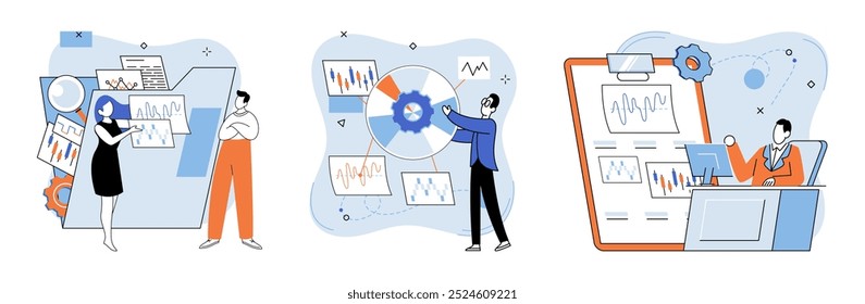 Análise técnica. Ilustração vetorial. As instituições financeiras utilizam a análise técnica para orientar as suas estratégias de gestão de investimentos.
