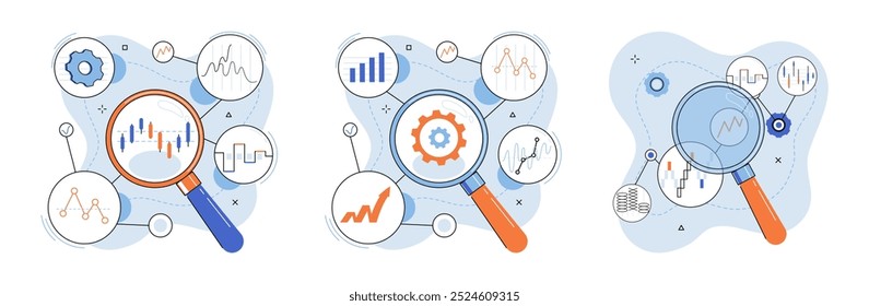 Technische Analyse. Vektorgrafik. Technische Analysen helfen Händlern, Markttrends zu analysieren und fundierte Handelsentscheidungen zu treffen. Die Analyse der wirtschaftlichen Indikatoren liefert Einblicke in die Gesamtsituation