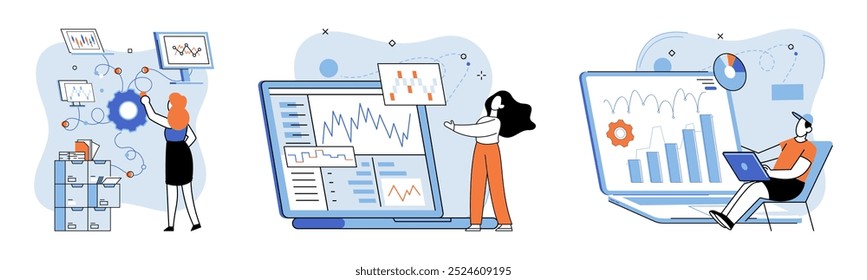 Technische Analyse. Vektorgrafik. Technische Analysetools ermöglichen es Anlegern, Marktdaten zu analysieren und potenzielle Anlagechancen zu erkennen Das Verständnis von Finanzkonzepten ist entscheidend