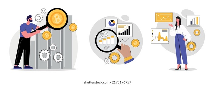 Technical analyzing set. Employees evaluate graphs, diagrams and charts. Collection of office workers. Marketing research, information. Cartoon flat vector illustrations isolated on white background