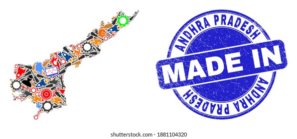 Technical Andhra Pradesh State map mosaic and MADE IN scratched stamp seal. Andhra Pradesh State map mosaic created with wrenches,wheels, tools,elements,cars, electric strikes,bugs.