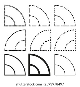 Technical angle elements. Dashed geometric arcs. Engineering design shapes. Vector illustration.