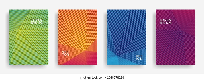 Technical annual report design vector collection. Halftone stripes texture cover page layout templates set. Report covers geometric design, business brochure pages corporate banners.