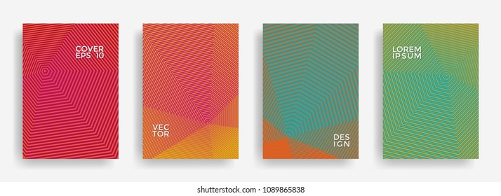 Technical annual report design vector collection. Halftone stripes edged texture cover page layout templates set. Report covers geometric design, business booklet pages corporate backgrounds.