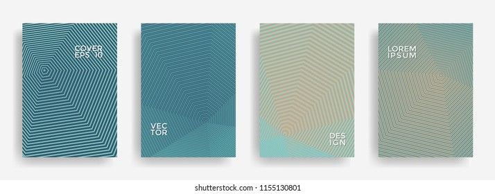 Technical annual report design vector collection. Halftone stripes texture cover page layout templates set. Report covers geometric design, business booklet pages corporate backgrounds.
