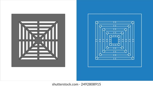 Technical and architectural blueprint wireframe for grid-patterned perforated metal drain covers in drainage systems