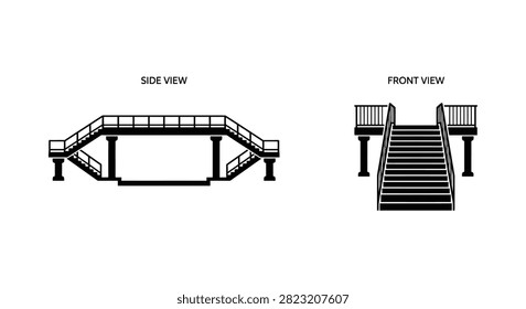 Technical architectural drawing showing side and front views of an outdoor pedestrian bridge in a black silhouette