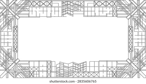 A technical architectural frame design featuring structural steel beams and grid patterns on a white background.