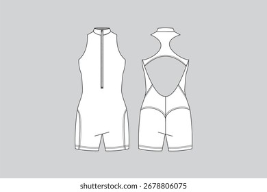 Technical athletic jumpsuit, front and back view, swimwear style, line drawing