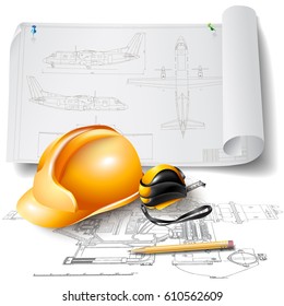Technical background with drawings, pencil, measuring tape and helmet. Vector illustration