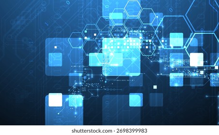 Um fundo técnico usando linhas tecnológicas, quadrados e hexágonos combinados em uma composição artística. Vetor