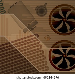 Technical background vector illustration. Fan and evaporator parts. Cylinder design brown.