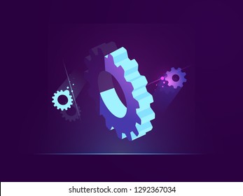 Anuncio técnico 3d, neón oscuro ilustración de la tecnología digital, mecanismo vectorial