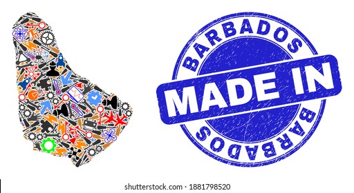 Technical Barbados map mosaic and MADE IN grunge rubber stamp. Barbados map abstraction formed with wrenches,wheel,screwdrivers,,keys,airplanes,aircrafts,air planes,aviation symbols,cars,strikes,