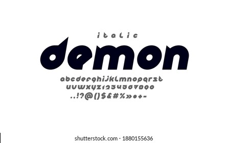 Technical black font, rounded modern alphabet, trendy italic letters from A to Z and numbers from 0 to 9, vector illustration 10EPS