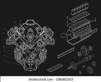 Technical blue background with drawings of details and mechanisms.Engine line drawing background. Vector illustration